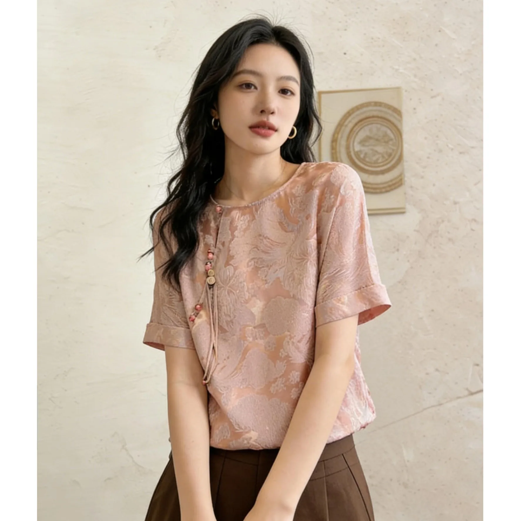 

Retro Chinese Style Short Sleeve Embroidered Shirt Women's Spring Autumn National Style Tang Costume T-Shirt Casual Style