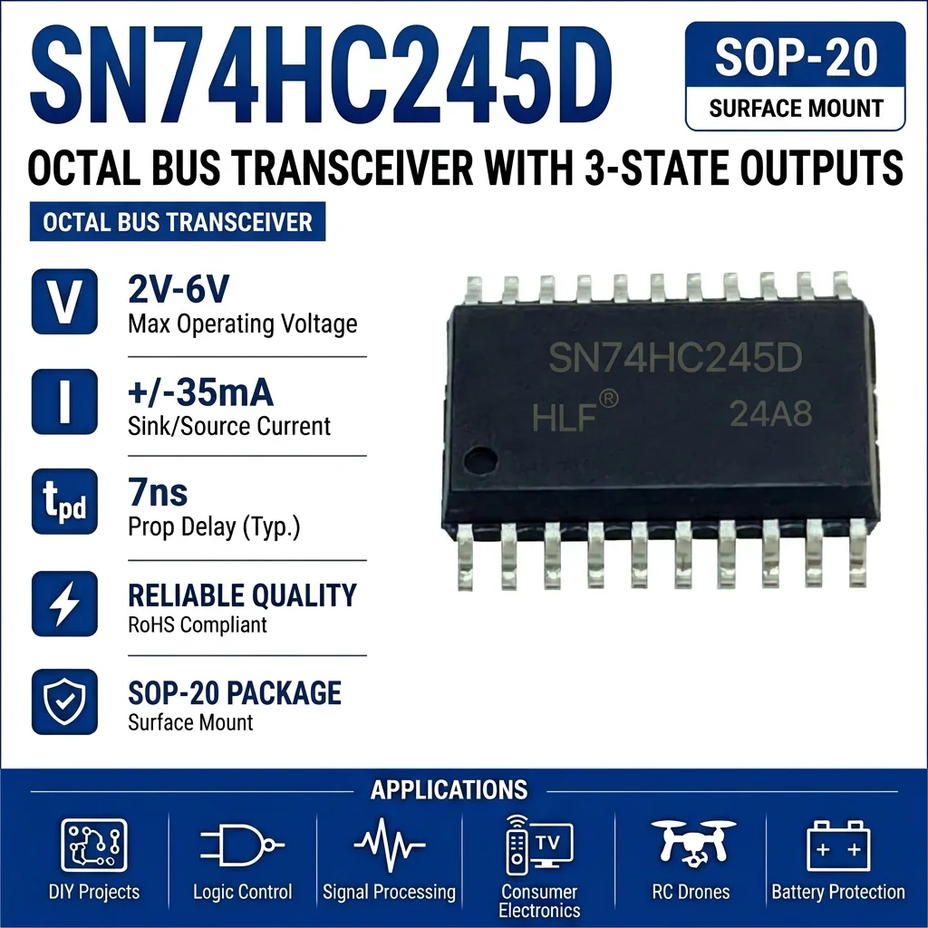 (20 pcs) SN74HC245N DIP-20 / SN74HC245DR SOP-20 SN74HC245 Octal Bus Transceiver with 3-State Outputs