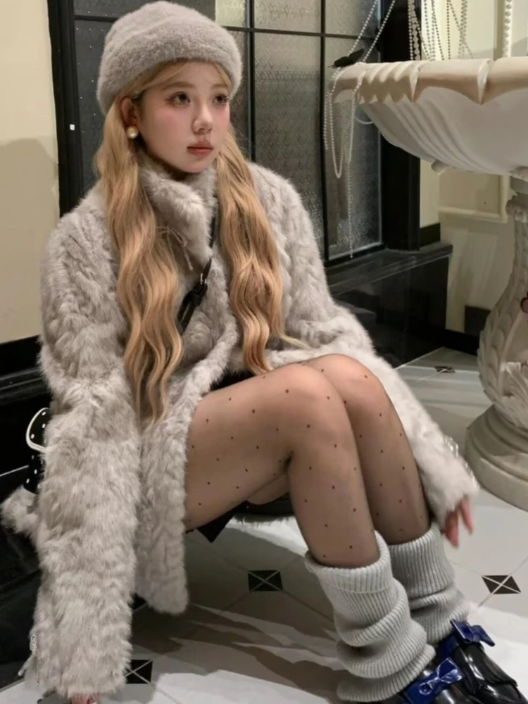 Abrigo de piel de cordero Nunu, piel de visón teñida con cuello alto para mujer, abrigo de piel ecológico todo en uno para invierno