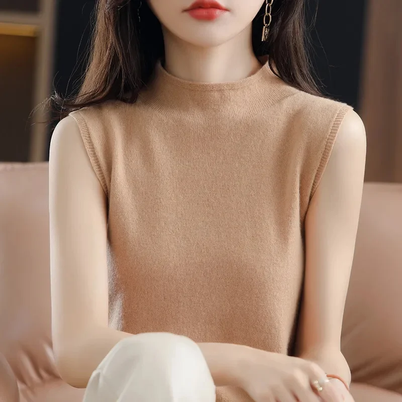 2023 Spring Summer Womens Sweater Sleeveless Turtleneck Slim Fit Knitted Pullovers Bottoming Casual Knitwear Camel Clothes