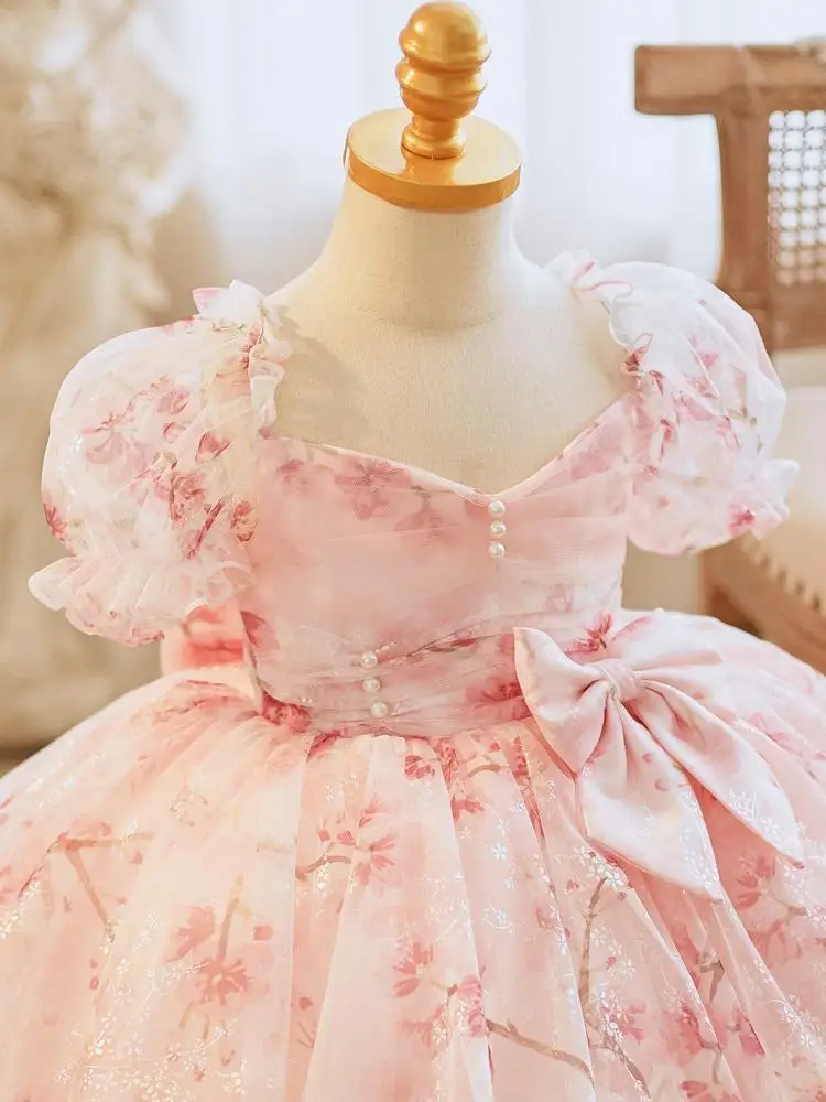 Vestido de fiesta de cumpleaños para niños con cuello cuadrado personalizado, vestido de fiesta con lazo estampado de flores, bata de princesa, manga abombada, Gir de flores