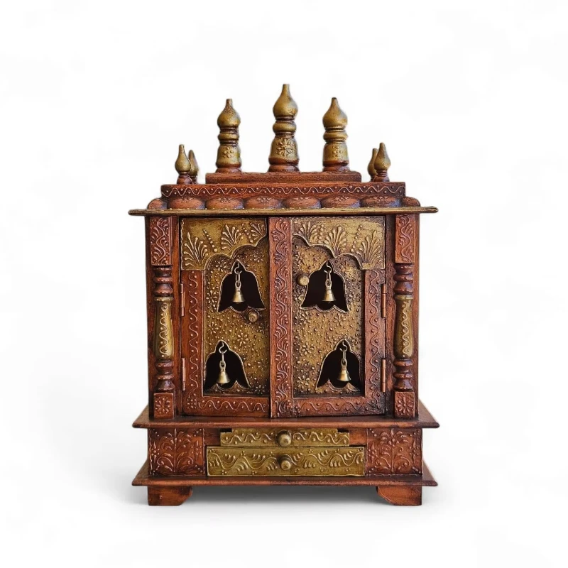 Wooden painted copper veneer temple with storage and decorative carved altar