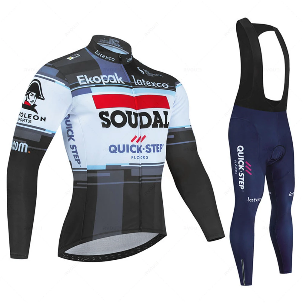 Soudal Quick Step Fluorescent Color Spring Autumn Cycling Jersey Set Long Sleeve Bicycle Clothes Bib Pants Set Ciclismo Clothing