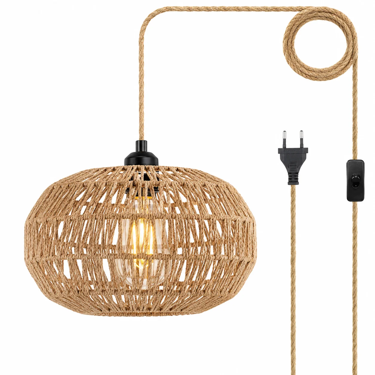 JOYINLED Paper Rope Farmhouse Pendant Lamp Shape E27 Plug in Cord Hanging Lights Rattan Chandelier Boho Ceiling Light Fixtures