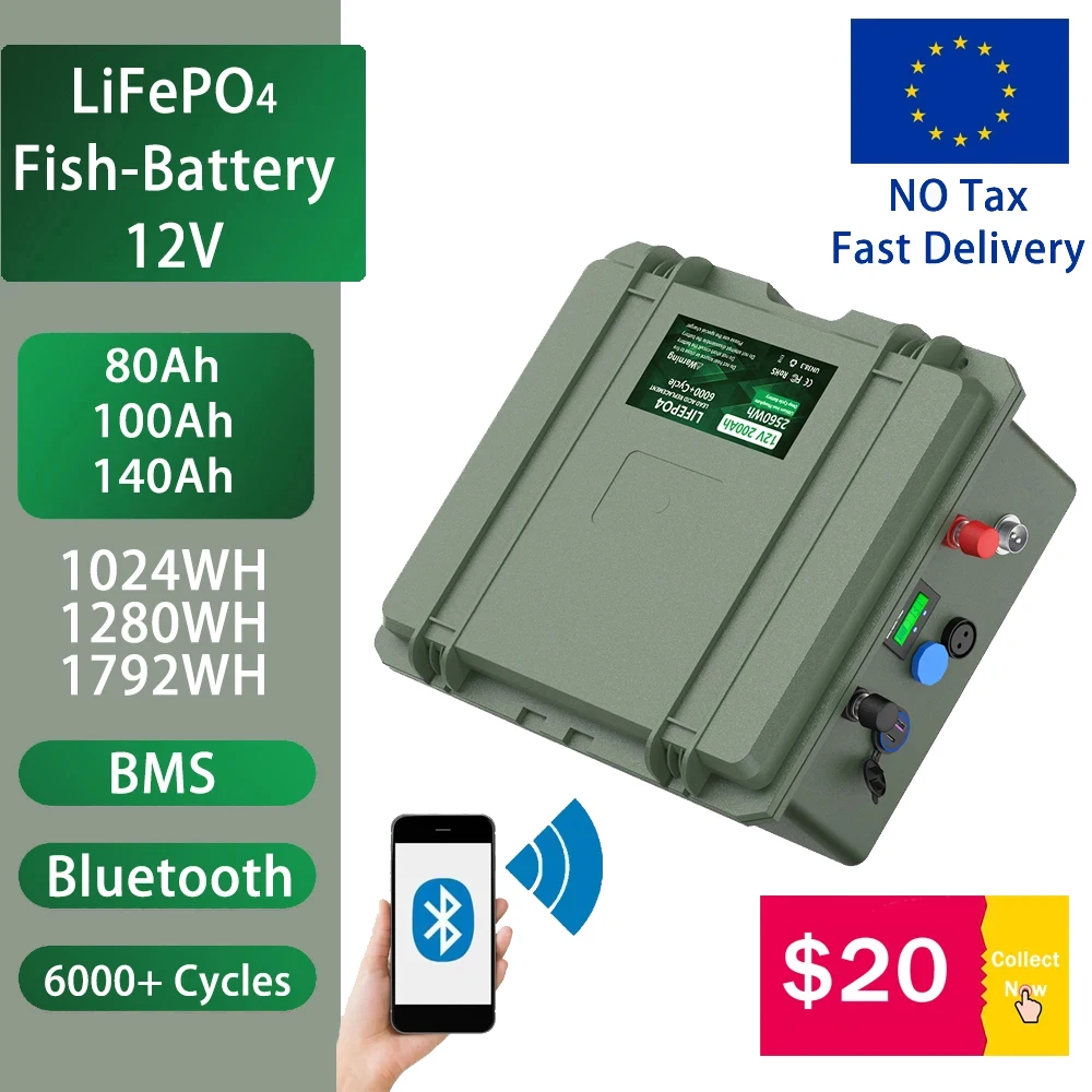 LiFePO4 12V 100Ah 140Ah 80Ah Fishing Battery 12.8V 6000+ Cycles With Bluetooth BMS Waterproof Grand A Cells No Tax