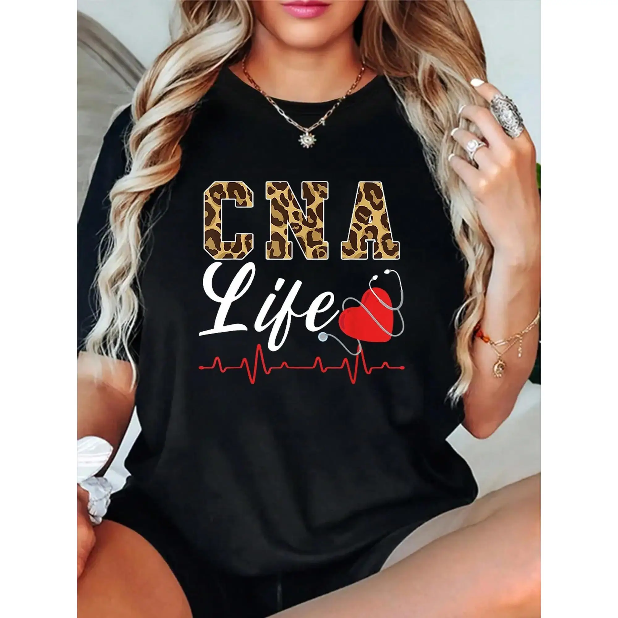 

CNA Life Women's T-Shirt, Leopard Print Certified Nursing Assistant Graphic Tee, Heart Stethoscope Nurse Gift Short Sleeve Top