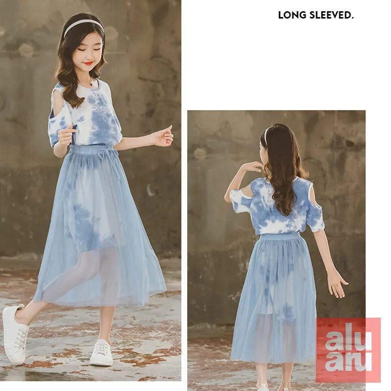 New Summer Korean Version Gauze Dress Big Child Girl Western-style Tie-dye Two-piece Set Girl Dresses