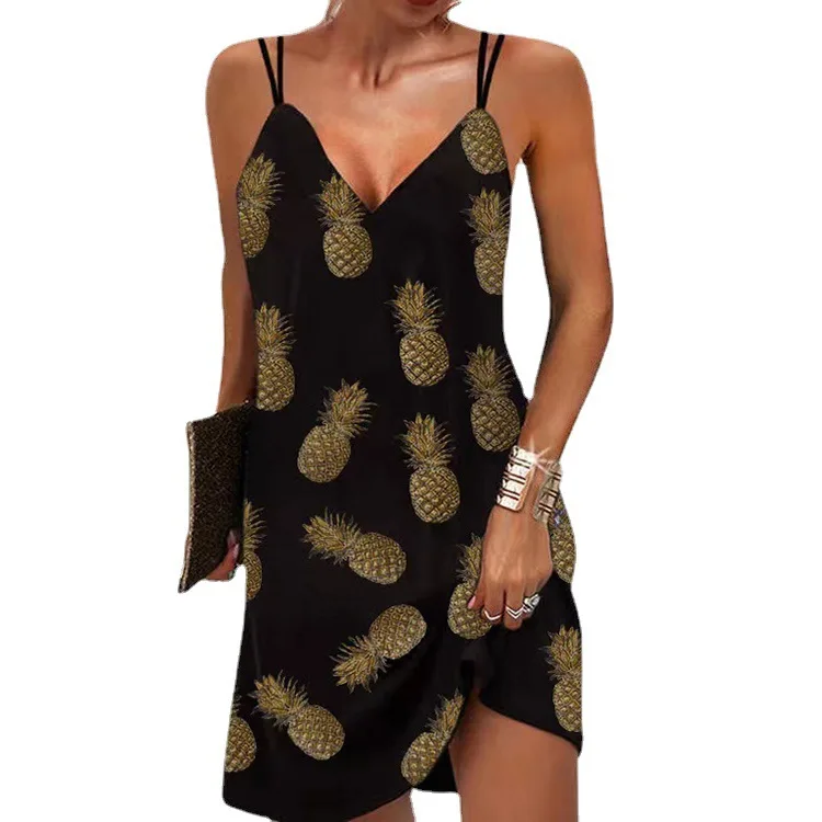 Summer Printed Beach Spaghetti Dress For Women\'s Fashion Sexy V Neck Plus Size S-5XL Loose Sleeveless Casual Female Vestidos