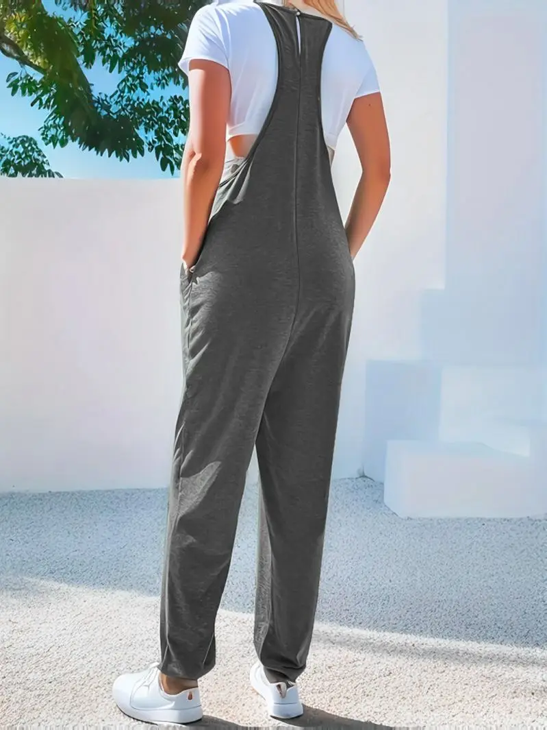 Mono de otoño de talla grande para mujeres, color sólido con bolsillos, mono casual suelto