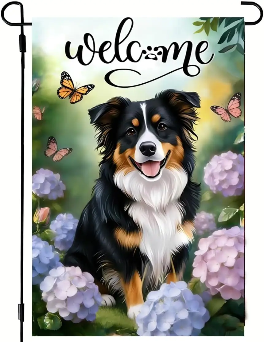 Welcome Spring Summer Garden Flags 2x18 Double Sided, Small Burlap Seasonal Farmhouse Rustic Australian Shepherd Dog Garden  ZZM