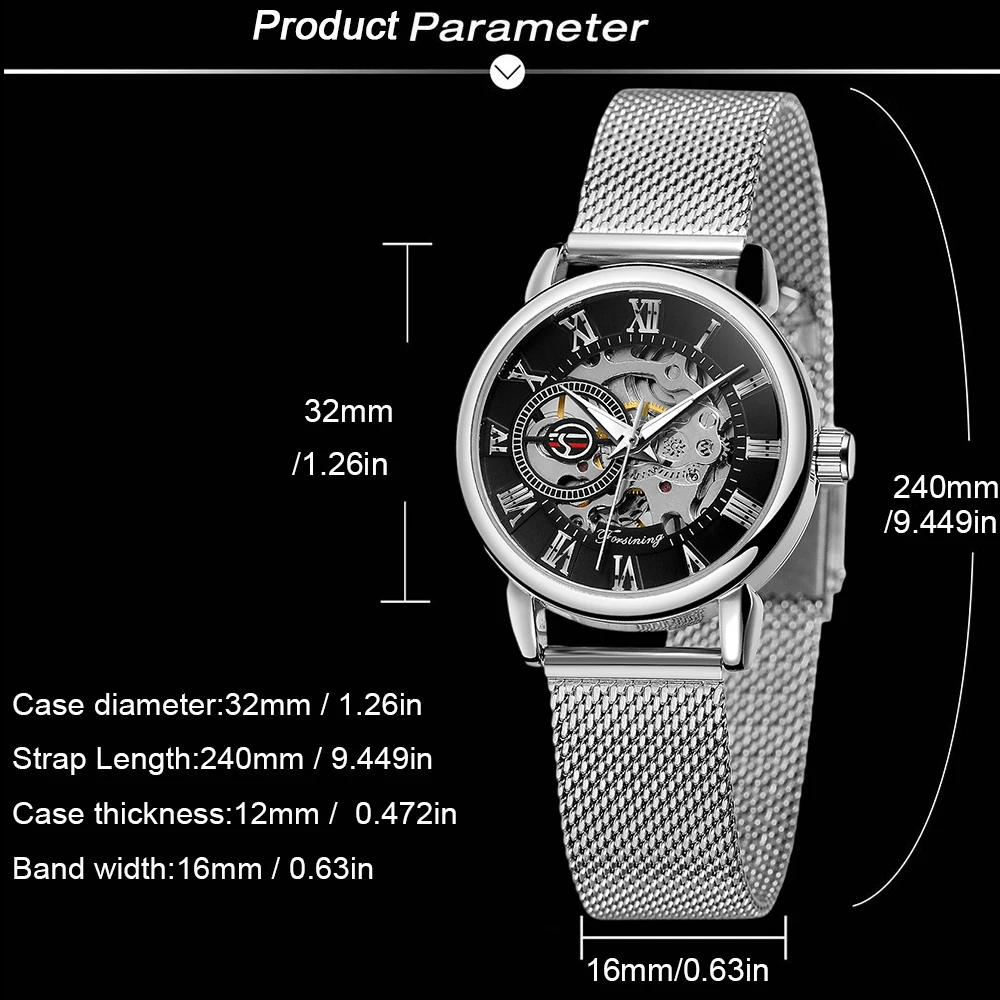 FORSINING الكلاسيكية الهيكل العظمي اليد الرياح الميكانيكية ووتش الفاخرة الأنيقة المرأة الساعات الأرقام الرومانية رائعة جوفاء السيدات على مدار الساعة