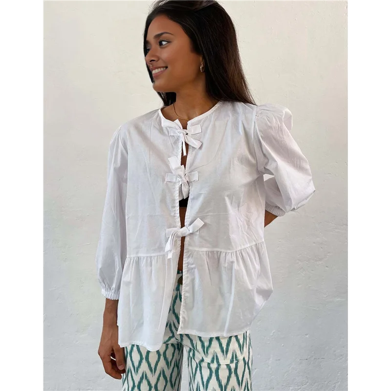 FX-Women Y2K Peplum بلايز نفخة قصيرة الأكمام ربط بلوزة قميص الصيف الخروج لطيف بيبي دول #4