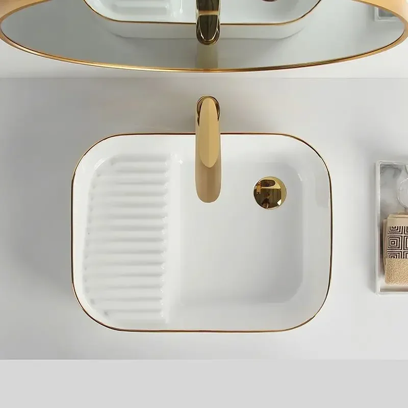 Deepen light luxury Phnom Penh side launching basin, household ceramic balcony laundry basin with washboard