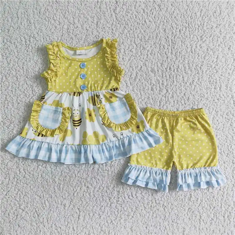 

Wholesale Girls Summer Short-Sleeved Shorts Suit Multi-Element With Pockets Bright Colors Striped Ruffle