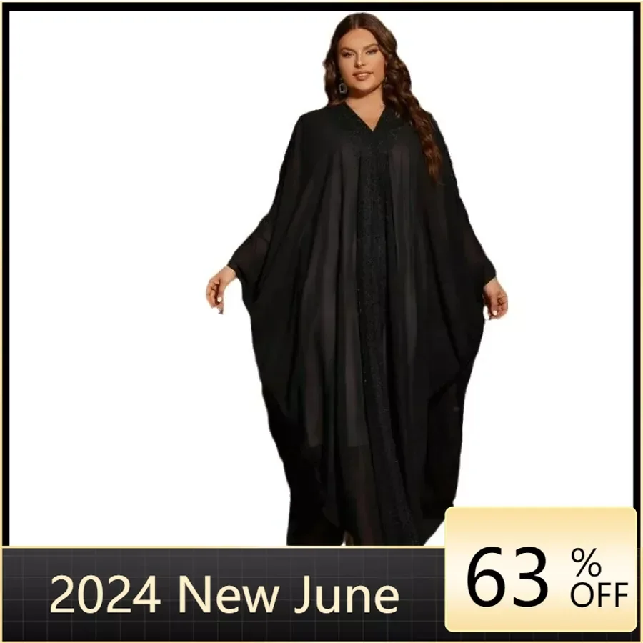 

Abaya Dubai Elegant Muslim Women Long Sleeve V-neck Black Plus Size Long Abaya Dress Kaftan Abayas for Women with Hijab Gowns