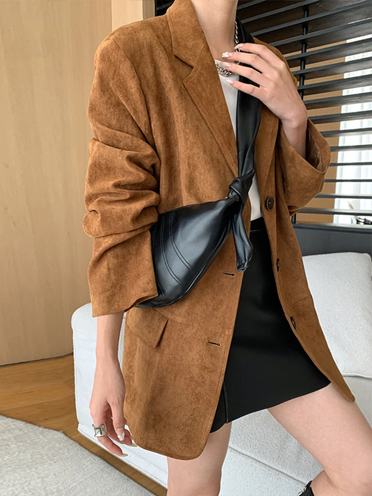 Brown Faux Suede Jacket Women Fall Oversized Blazer 2024 Autumn Lapel Pockets Coat Office Top Lady Elegant Street New In Outwear