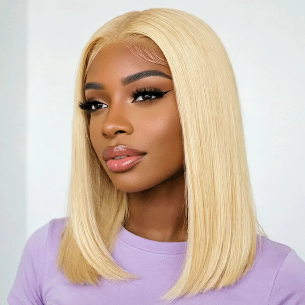 Perruques Bob Courtes Blondes 613 Densité 250, Lisses comme des Baguettes, 16 Pouces, Perruque Frontale en Dentelle HD Transparente 13x4, Cheveux Humains Remy Pré-Pluckés avec Baby Hair