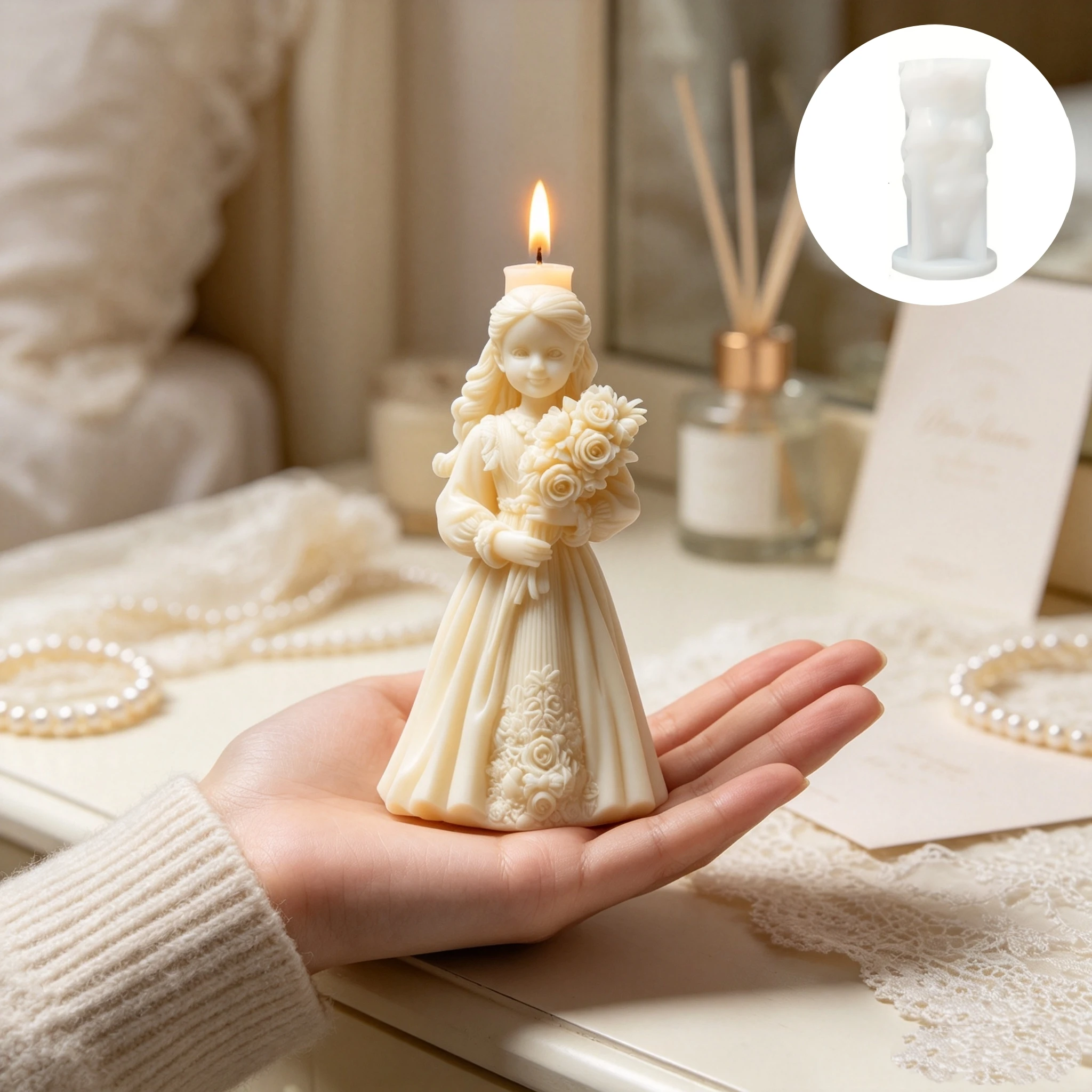 Esin silicone mold, a candle mold featuring a little girl holding a flower, a detailed engraved silicone mold for making candles