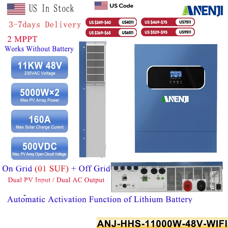 

11KW Hybrid Solar Inverter 48V Pure Sine Wave Photovoltaic Inverter 2 AC Output/PV Input On Grid with 160A Solar Charger PV 500V