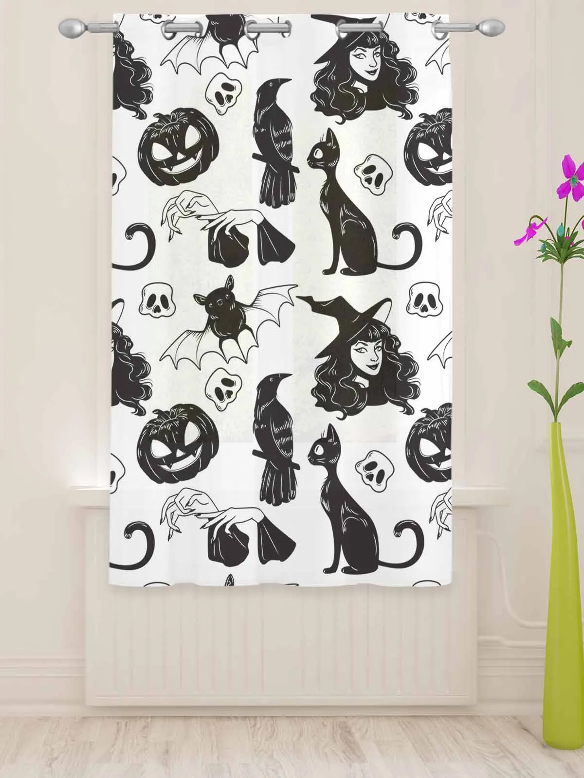 Halloween Pumpkin Witch Black Cat Bat Crow Web Sheer Curtains Living Room Window Voile Tulle Curtain Cortinas Drapes Home Decor