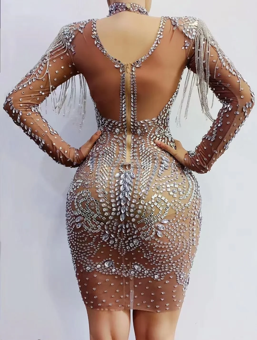 Women Shining Rhinestones Crystal Tassel Long Sleeve Sexy Sheath Nightclub Party Dress Concert Stage Wears