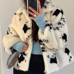 New Korean Version Women's Short Loose and Fashionable Square Neck Black and White Cow Pattern Faux Fur Mink Fur Coat