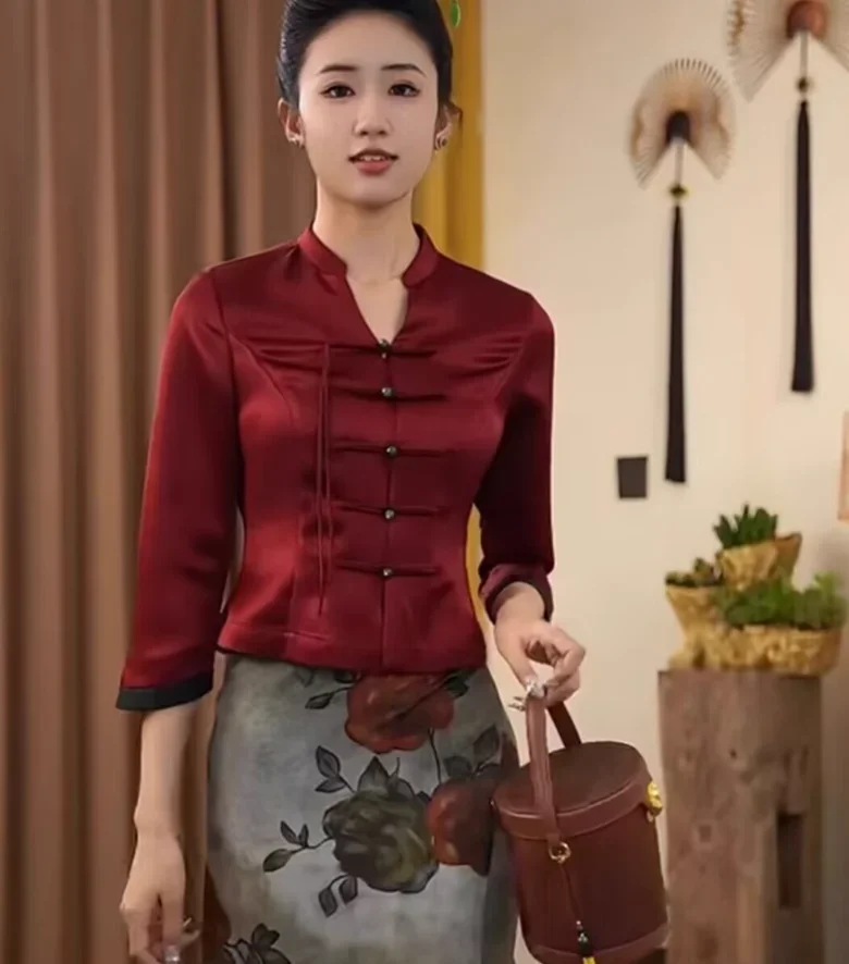 

Women's Summer Slimming Retro Four Button Top Knee High Skirt Set