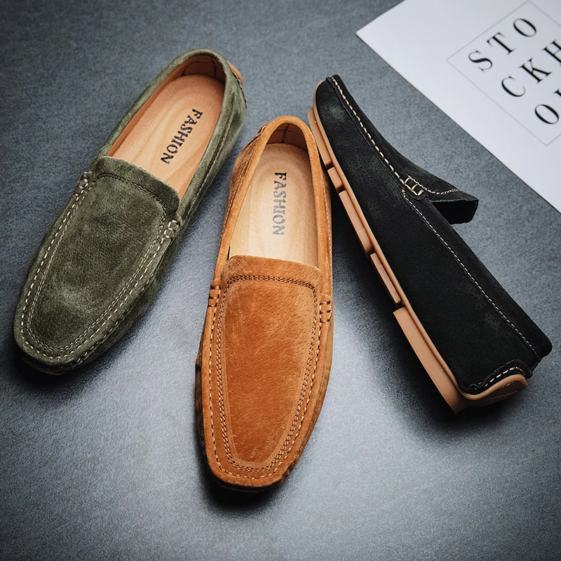 New Genuine Suede Leather Handmade Loafers Mens Dress Boat Casual Footwear Driving Slip on Winter Summer Peas Male Shoes For Men