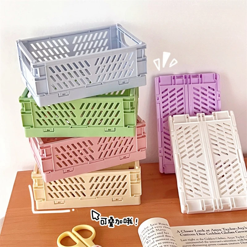 Plastic Foldable Storage Basket Desktop Kitchen Fruit Toy Holder Bathroom Cosmetic Container Shelf Organizers Folding Mini Box