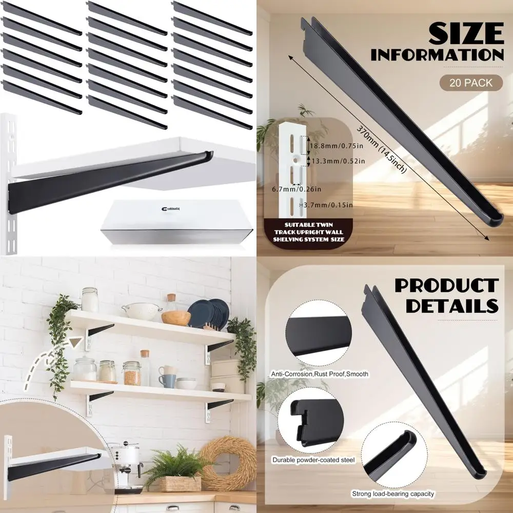

Heavy-Duty Adjustable Double Track Closet Shelf Brackets, 20-Pack, Black, 14.5 Inch for Wire Shelving Systems