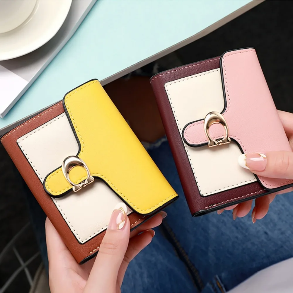 Vielseitige, modische, niedliche kleine Geldbörse für Damen, zweifarbig, faltbar, mit Münzclip und Schnalle, kompakte Clutch für den täglichen Gebrauch und Reisen. – Detail 4