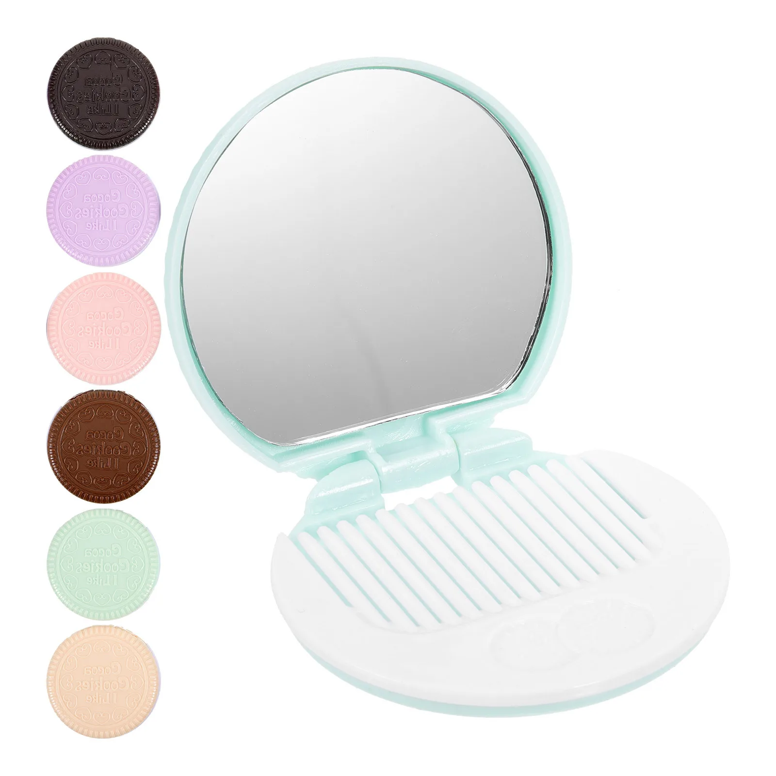 7 Stück schicker Taschenspiegel in Form von Schokoladenkeksen, transparent, Mini-Make-up-Spiegel, Damen-Werkzeug, dunkelbraun, hellbraun, gelb, blau