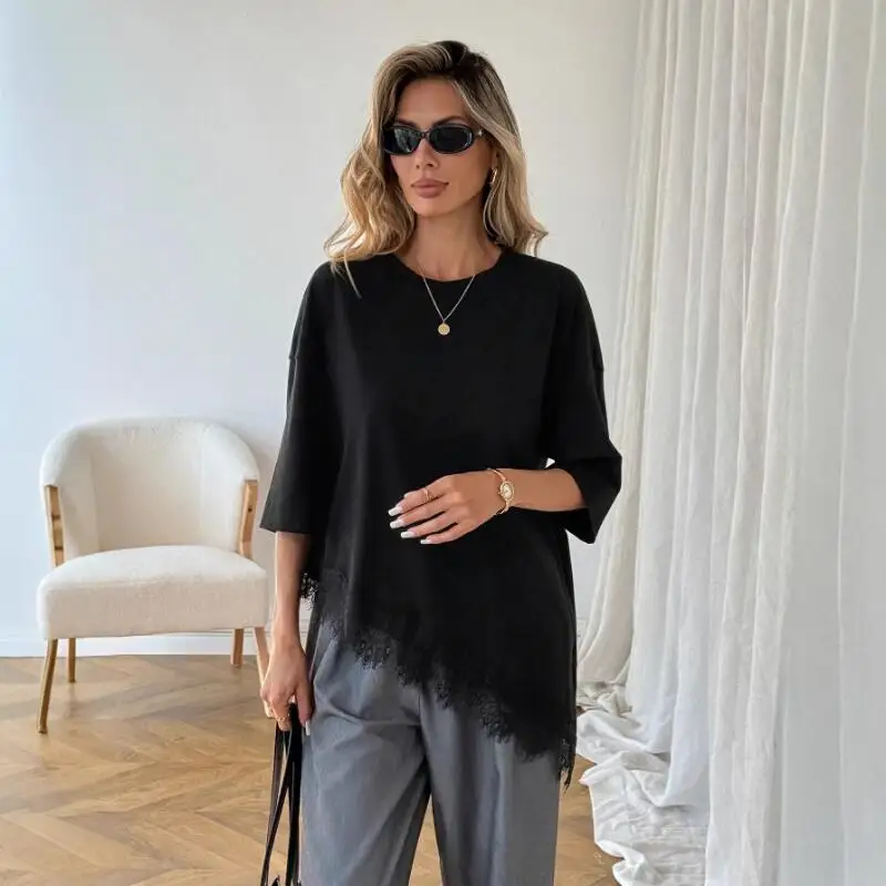 2026 Spring/summer New Women Fashion Cross Border Lace Splicing Small Shirt Design Sense Niche Unique Short Sleeve Tshirt Tops