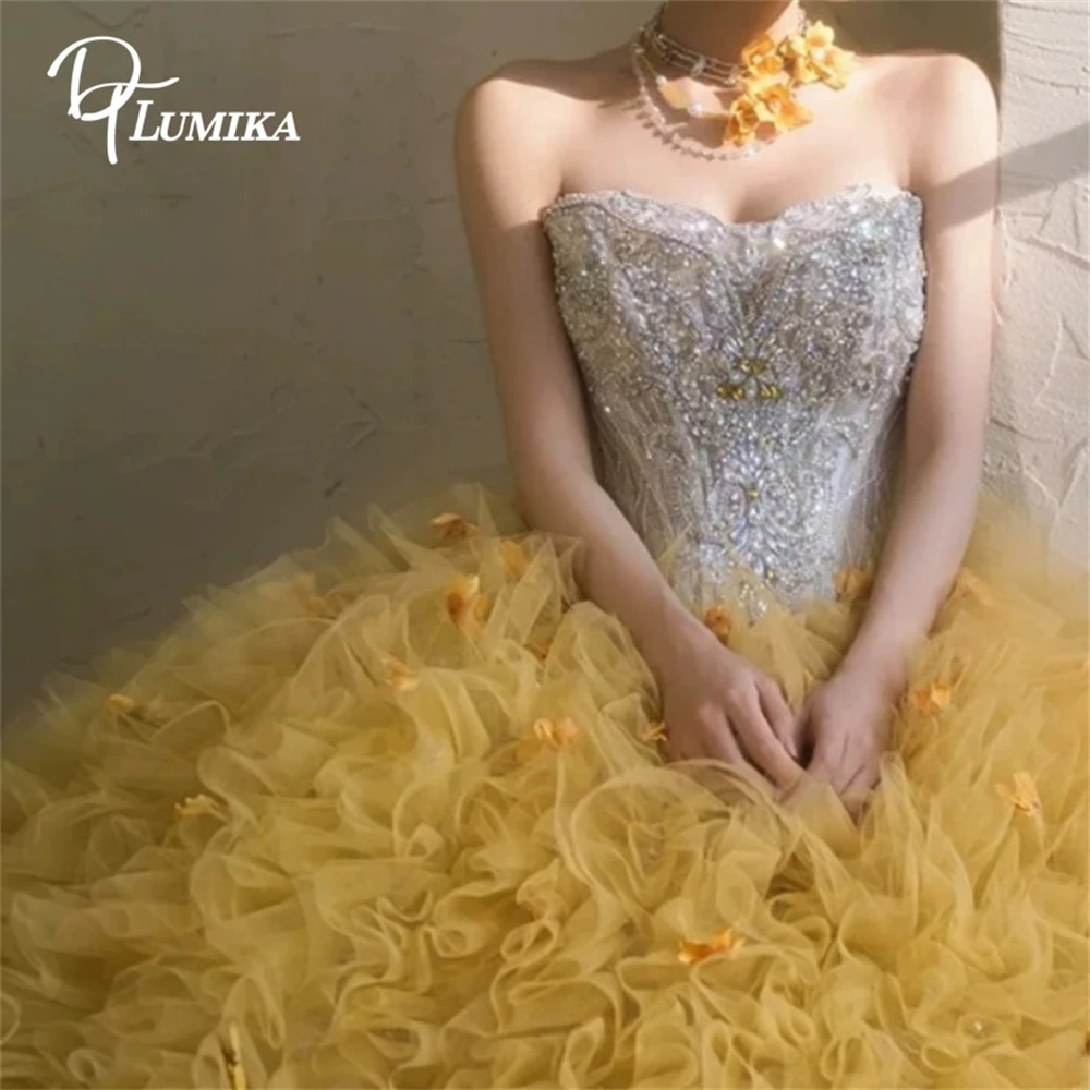 DTLumika Ruched Ball Gown Party Drss for Women, Sequined Stralpless Photoshoot Dresses, Wedding Party Gown Yellow Prom Dress