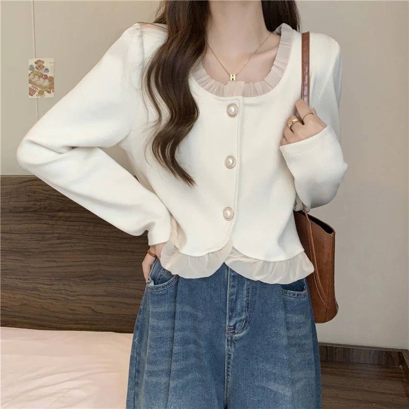 Cardigans Women Square Collar All-match Korean Style Contrast Color Long Sleeve Tops Autumn Simple Button-up Slim-fit Pleated