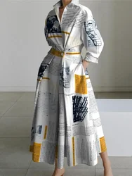 Lemongor Women Personality Newspaper Printed Lapel A-Line Dress 2025 New Spring Long Sleeves Urban Casual Office Midi Dresses
