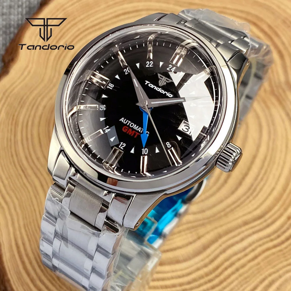 Tandorio NH34A GMT Function Steel Automatic Watch Double Domed Sapphire Crystal 40mm Dive Wristwatch for Men Date 20bar Luminous