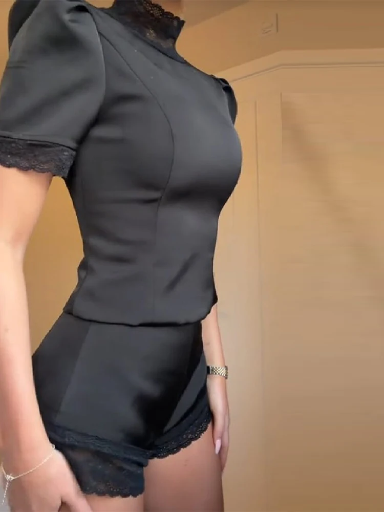 New Satin Lace Edge Top Short Sets For Women High Neck Padded Shoulder Blouse Low Waist Shorts 2026 Lady Spring Summer Outfits