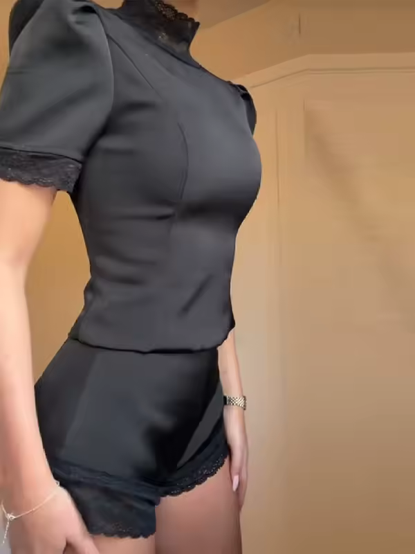 New Satin Lace Edge Top Short Sets For Women High Neck Padded Shoulder Blouse Low Waist Shorts 2026 Lady Spring Summer Outfits - Image 2