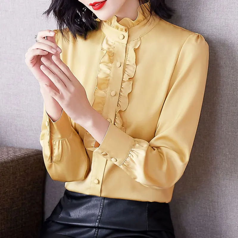 Office Lady Ruffled Neck Long Sleeve Blouse Spring Autumn Silk Edible Tree Fungus Chic Single-breasted Korean All-match Shirt