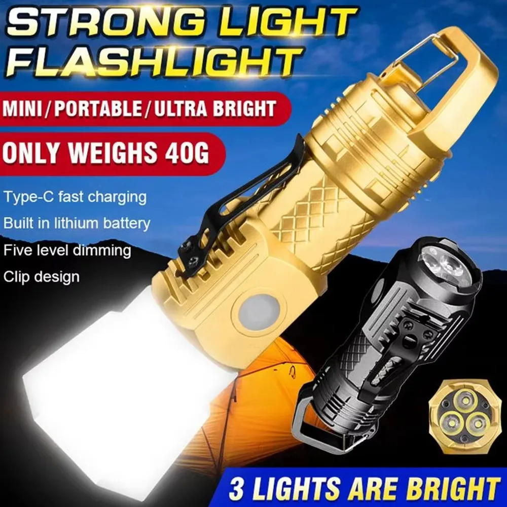 

Portable 3*Wicks LED Flashlight EDC Torch USB Rechargeable Lantern Built-in Battery Lamp with Cap Clip,Camping lampshade,hook