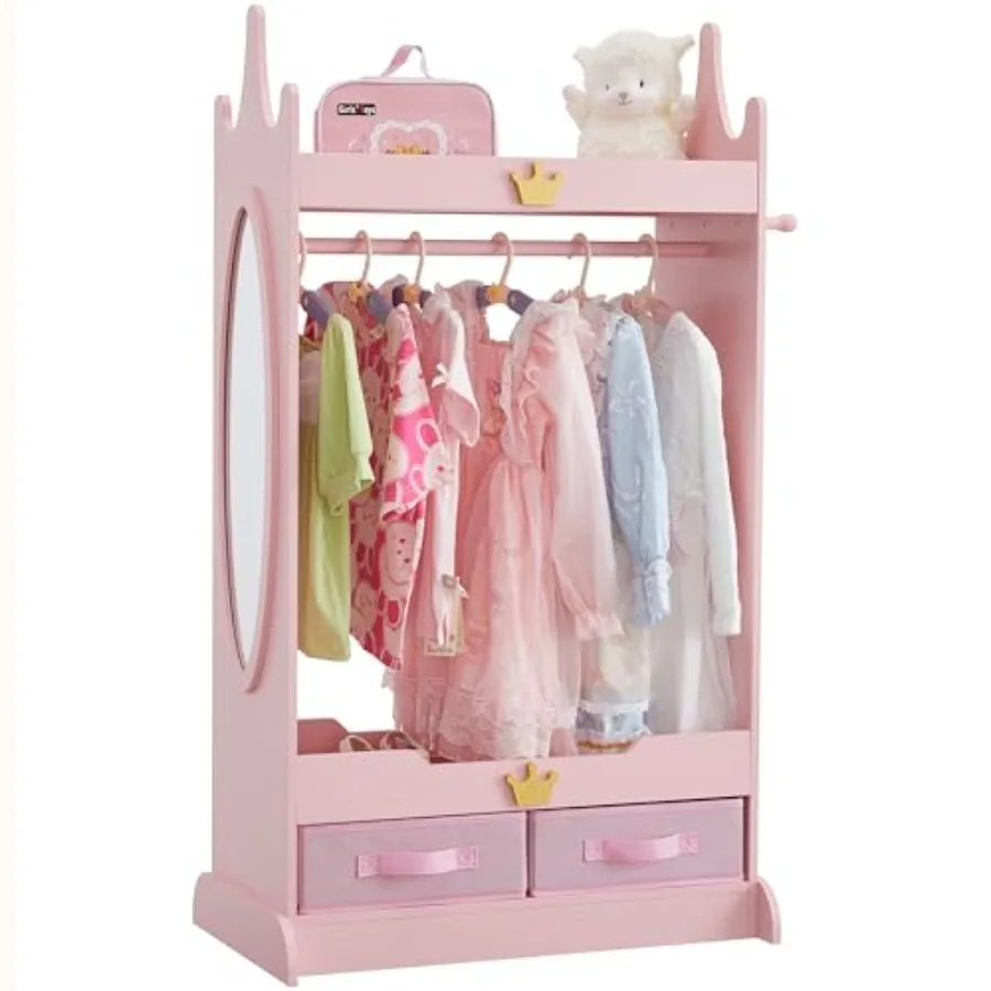 Pink Dress Up Storage Armoire with Full-Length Mirror and Non-Woven Drawers Open-Style Costume Closet with Adjustable Hanging R