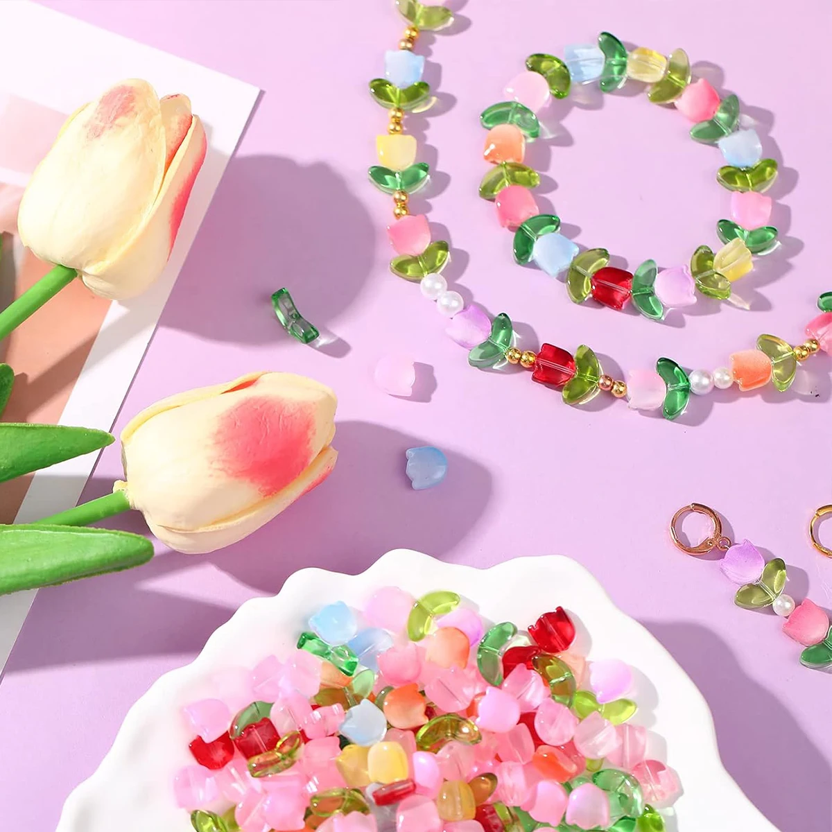 

9x9x5.5mm 14x7x5mm Multi-Color Glass Tulip Flower & Leaf Beads for DIY Jewelry Bracelet Necklace Earring Loose Beads Making