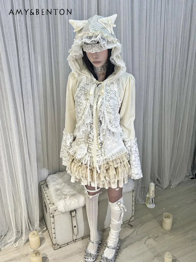 Cardigan court gothique en dentelle pour fille, manches cloche imprimées, à volants, col en v, Style Lolita japonais, tricoté à capuche, fin