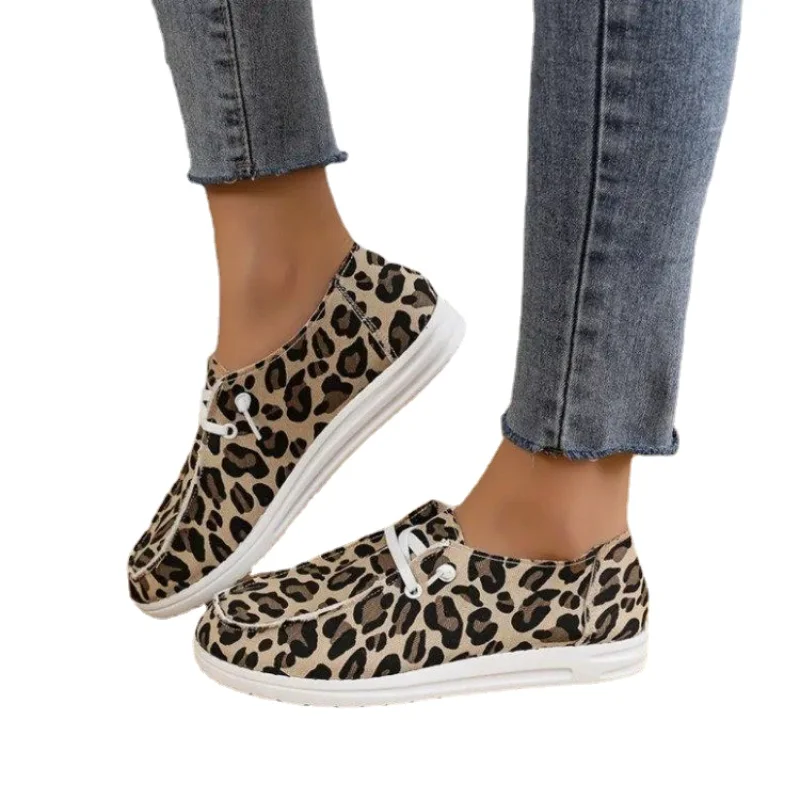 Female Shoes on Sale 2023 New Round Head Women\'s Flats Outdoor Casual Flats Women Leopard Lace Up Flat with Ladies Shoes Zapatos