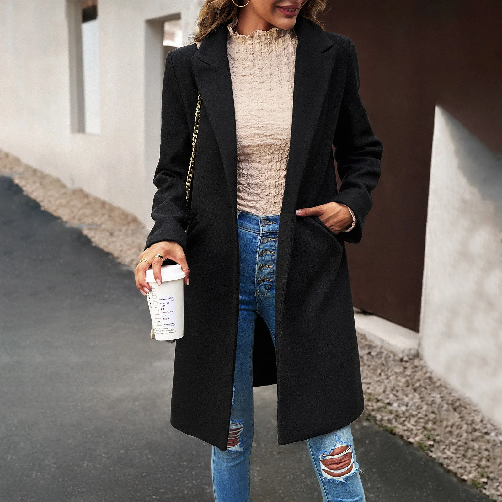 Tesco Herbst Winter Frauen elegante Langarm Mantel mit Taschen einfarbig Revers warm lange Wind jacke Mantel Blazer Mujer