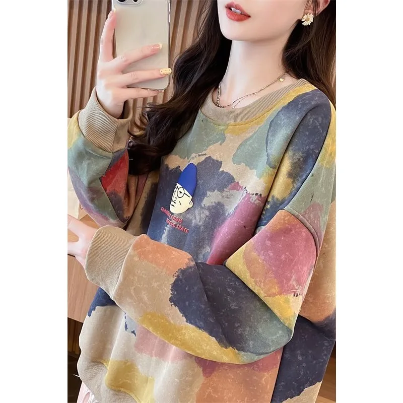 Early Autumn Tie-dye Sweatshirt for Women in Spring Autumn New Korean Style Loose Fashion Gradient Color Top Trendy Cool