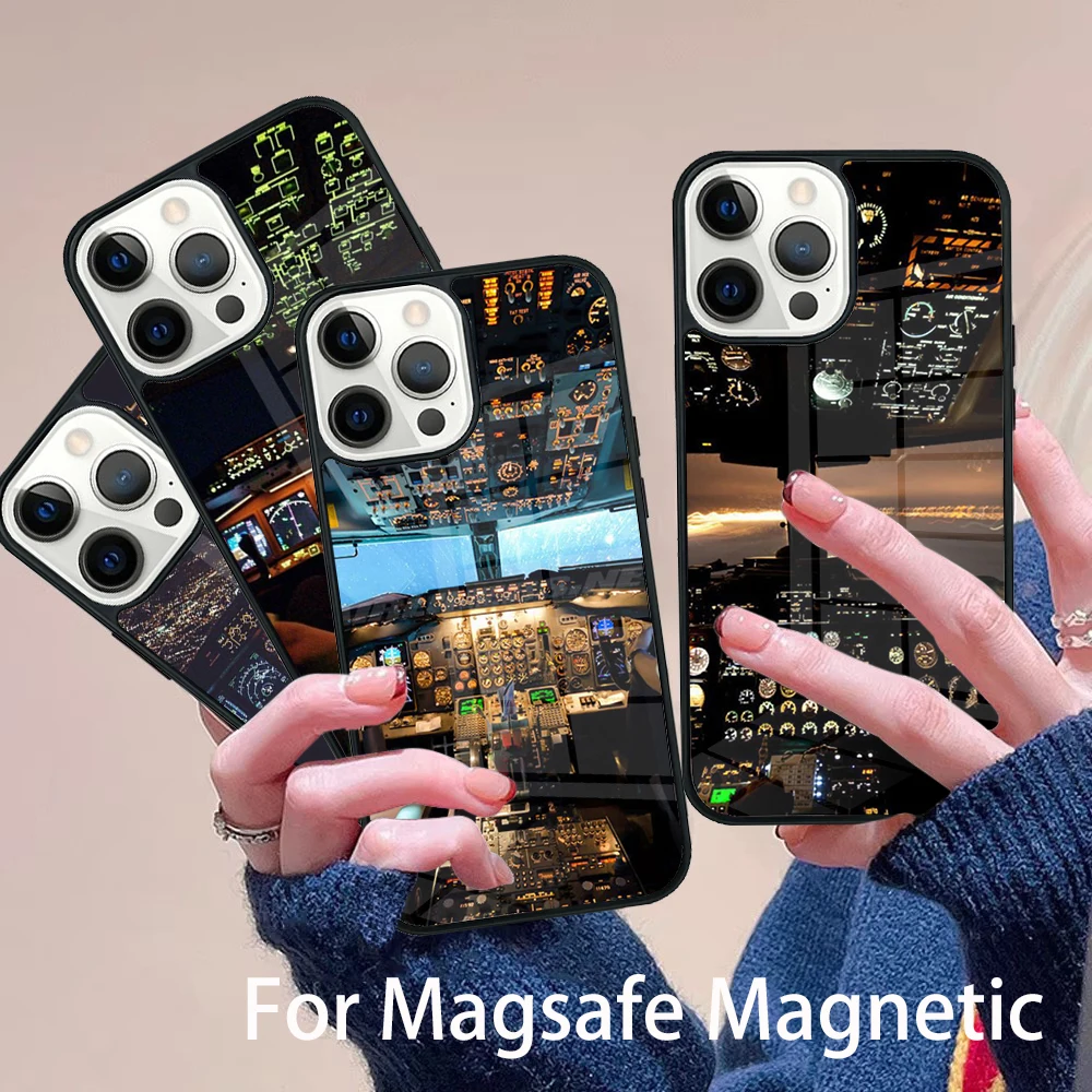 

Aviation Aeroplane Pilot Cockpit Phone Case Magesafe Magnetic Wireless Charge Cover For IPhone 16 11 12 13 14 15 Pro Max Plus