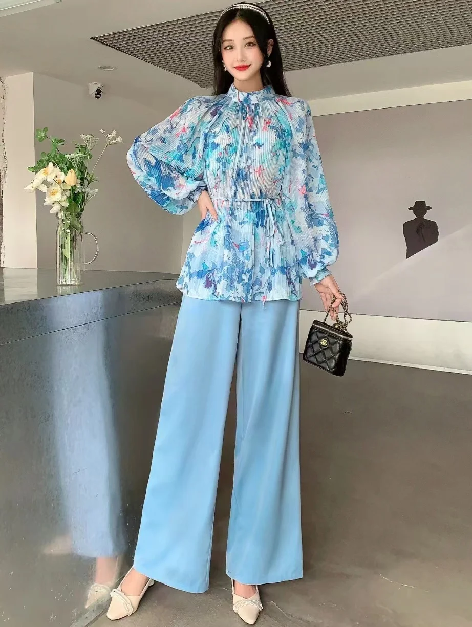 2024 New Spring Autumn Women Pants Suit Long Sleeve Loose Pleated Floral Shirt And High Waist Wide Leg Long Pants Two Piece Set