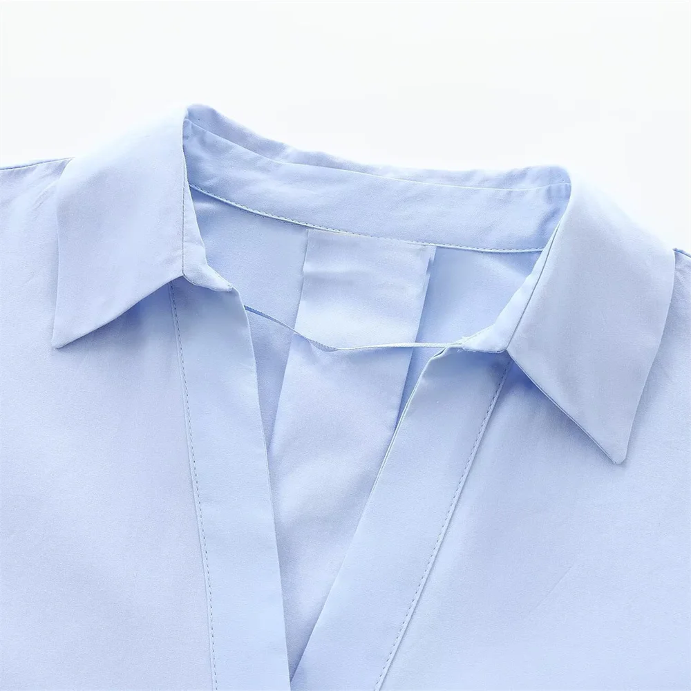 TRAF Autumn New Product Women\'s Fashion Versatile Blue Loose Collar Curled Wide Sleeves Cotton Blended Buckle Poplin Shirt